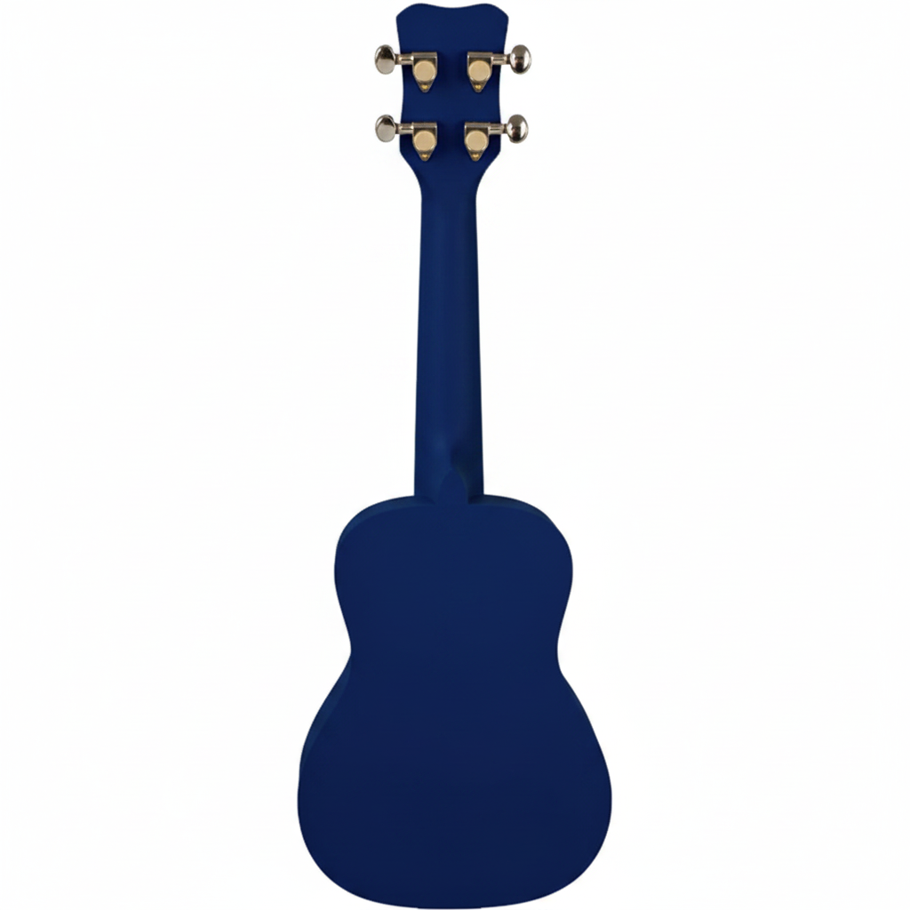 Unbranded blue 21-inch soprano ukulele shown upright from the back on a white background