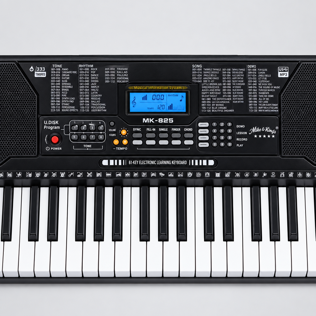 Close detail of the unbranded MK825 electronic learning keyboard LCD screen, control panel, speakers, buttons, and upper keys