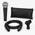 Shure SM58-LCE microphone with the cable, pouch, and stand adapter shown in the reference kit image.