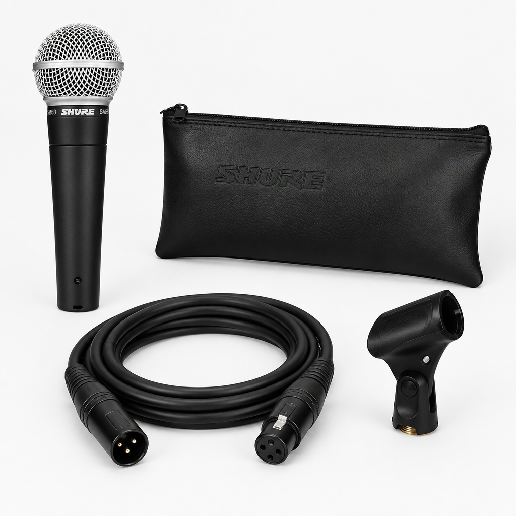 Shure SM58-LCE microphone with the cable, pouch, and stand adapter shown in the reference kit image.