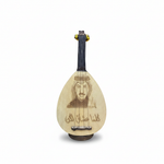 13cm oud decorative replica shown from the front with engraved face, strings, miniature neck, and base on a white background