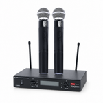 Tovaste TUH20HH dual handheld UHF wireless microphone system with two microphones and receiver, angled view