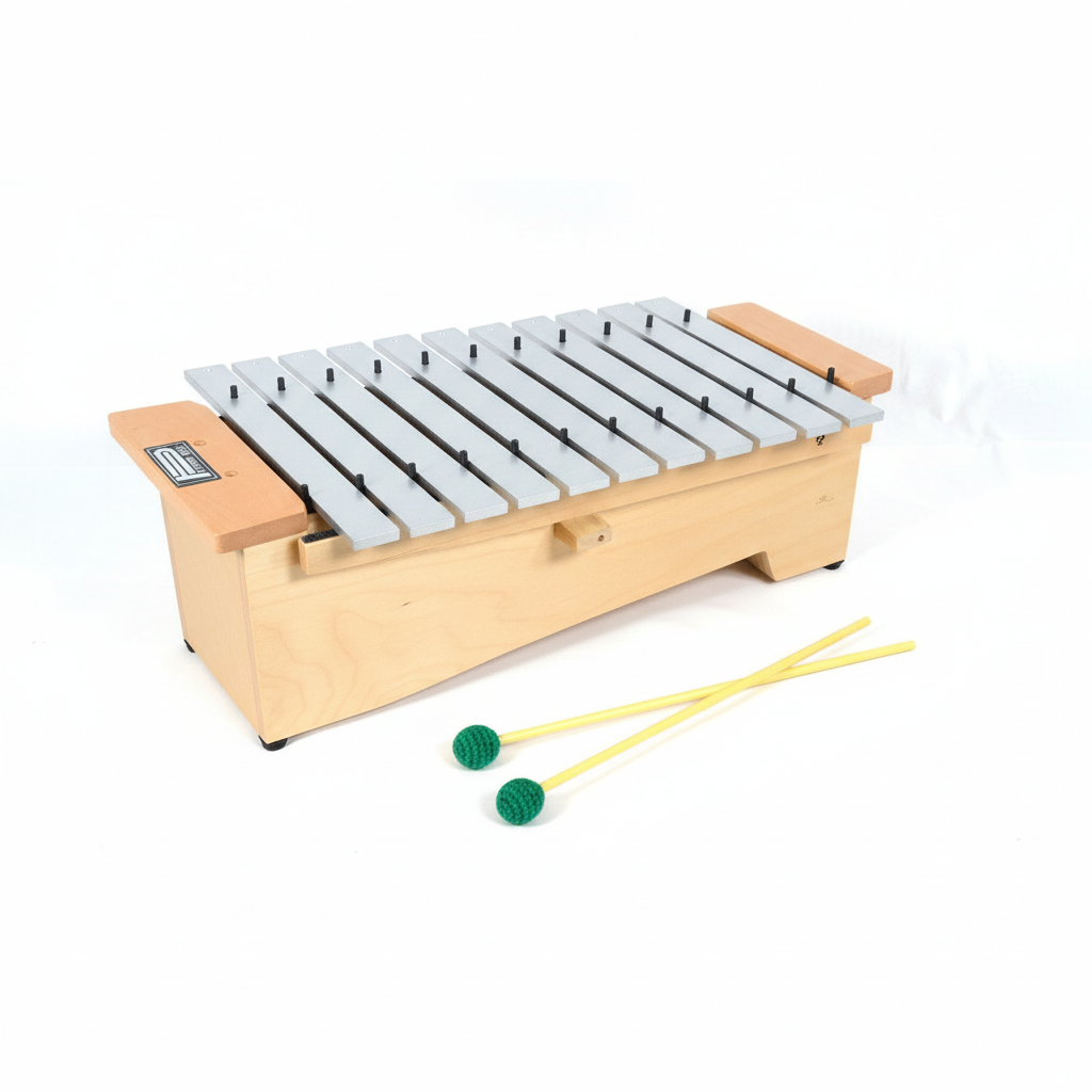 Power Beat 8402 Alto metallophone shown at a three-quarter angle with 16 metal bars, wooden frame, and two green playing mallets beside it