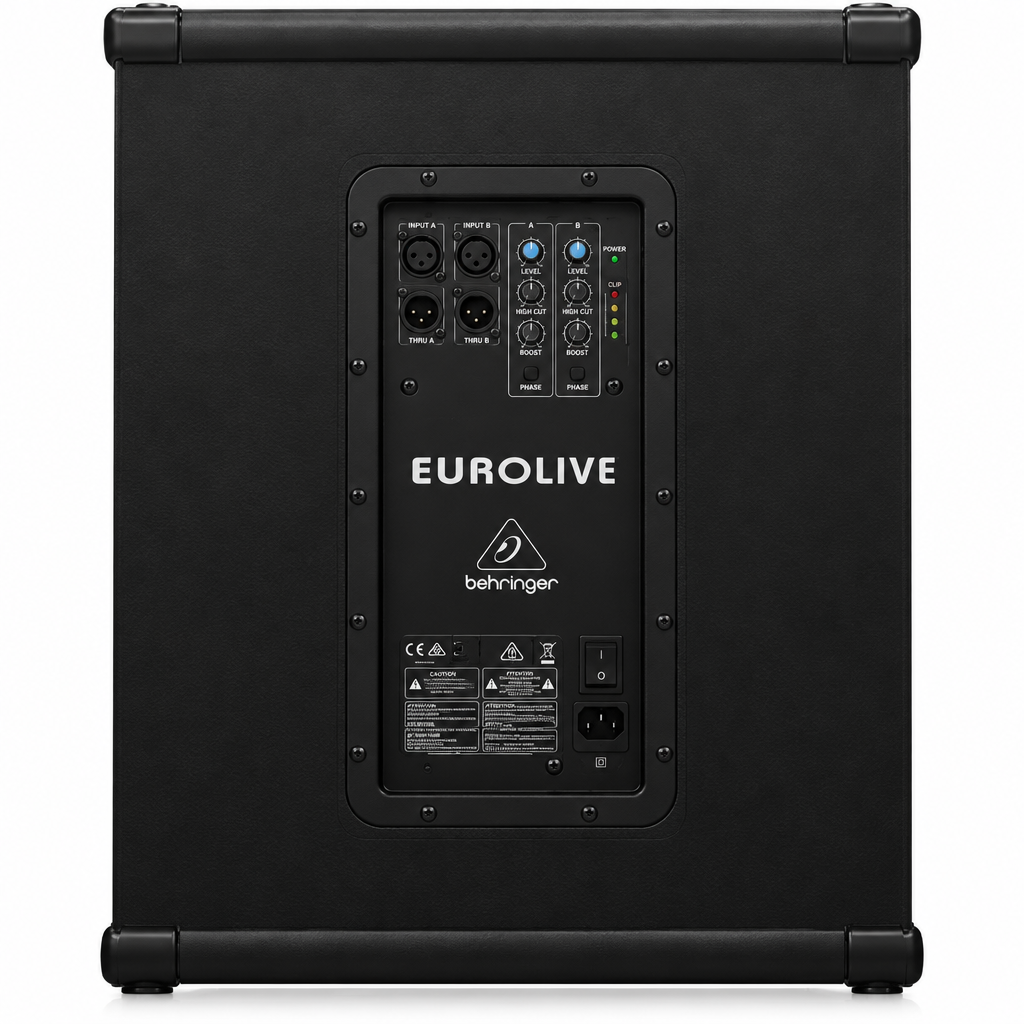 Rear panel of the Behringer Eurolive B1800XP active subwoofer showing its control and connection panel.