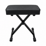 Black adjustable keyboard bench, straight front view showing the padded seat and X-style frame