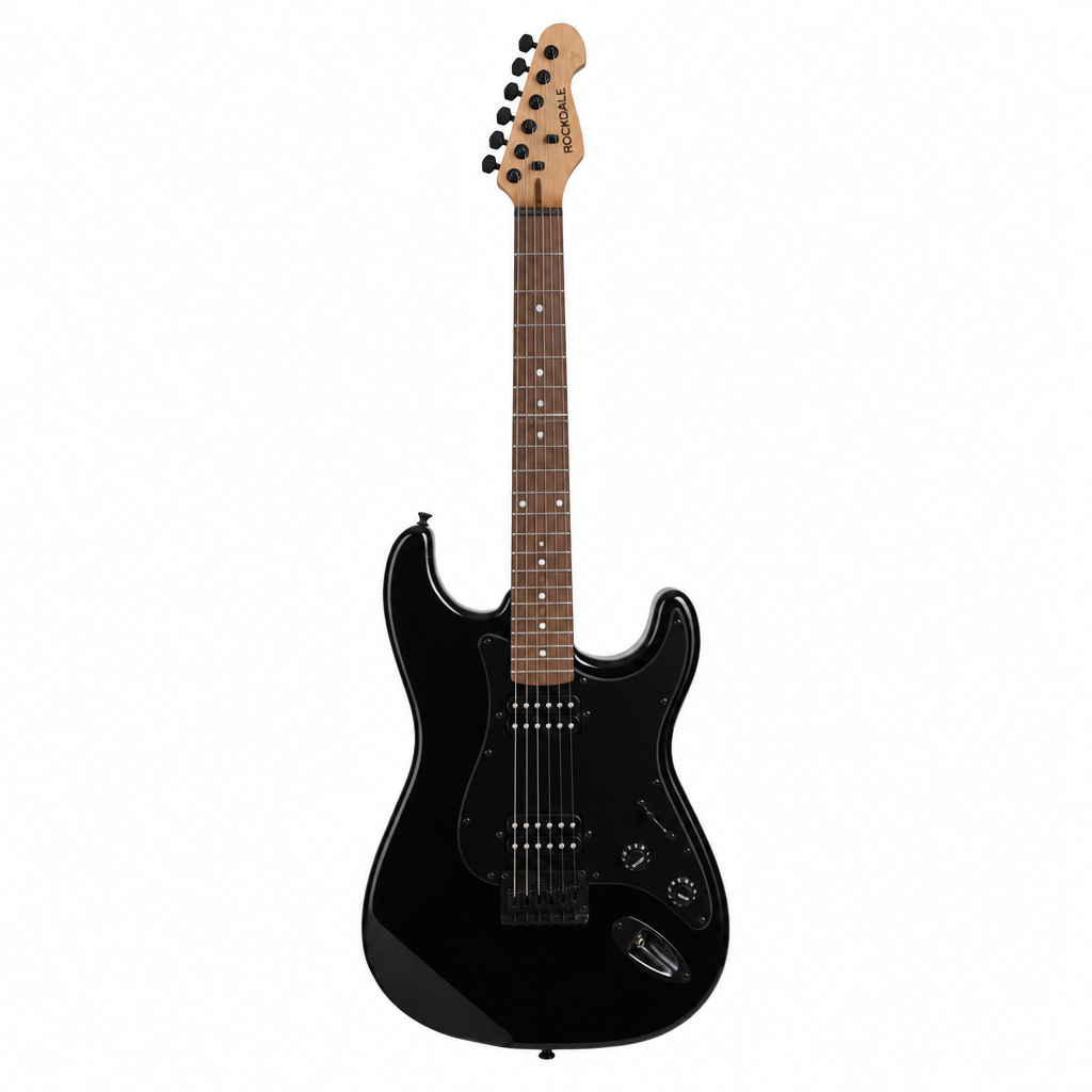 Front view of the black Rockdale Charger HT HH ST-style electric guitar with HH pickups