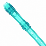 Close-up of a turquoise Chinese soprano recorder mouthpiece and finger holes without branding