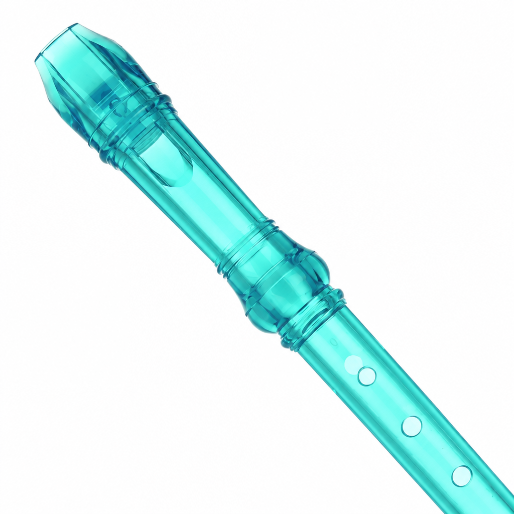 Close-up of a turquoise Chinese soprano recorder mouthpiece and finger holes without branding