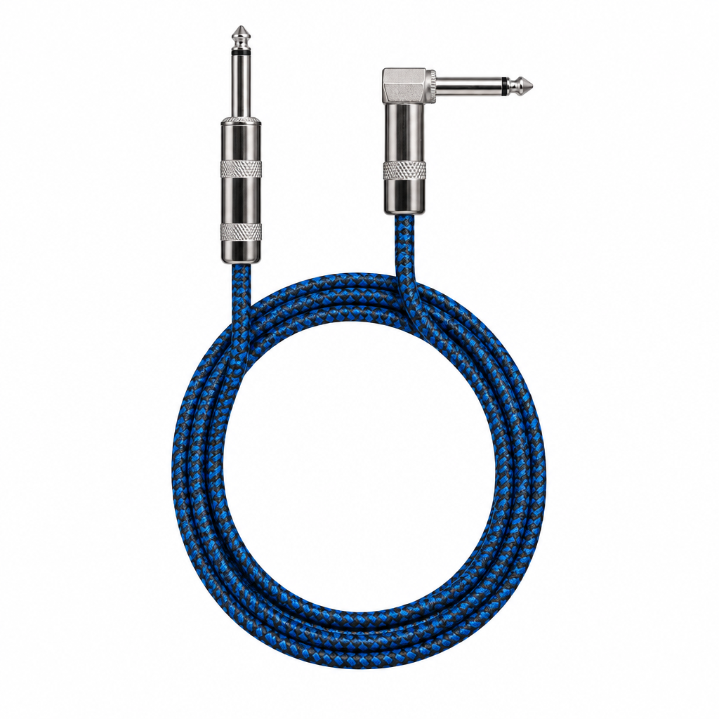 Straight front view of the Luxars LCB-6B 6-meter blue patterned instrument cable showing its coiled cable jacket, straight plug, and right-angle plug