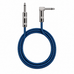 Straight front view of the Luxars LCB-6B 6-meter blue patterned instrument cable showing its coiled cable jacket, straight plug, and right-angle plug
