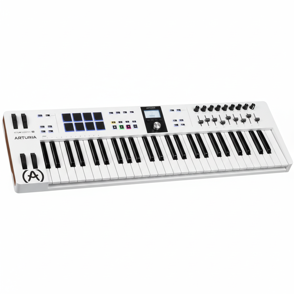 Arturia KeyLab Essential 61 Alpine White MIDI keyboard shown from the front with 61 velocity-sensitive keys, 16 pads, display, knobs, and faders on a white background