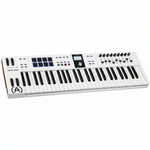 Arturia KeyLab Essential 61 Alpine White MIDI keyboard shown from the front with 61 velocity-sensitive keys, 16 pads, display, knobs, and faders on a white background