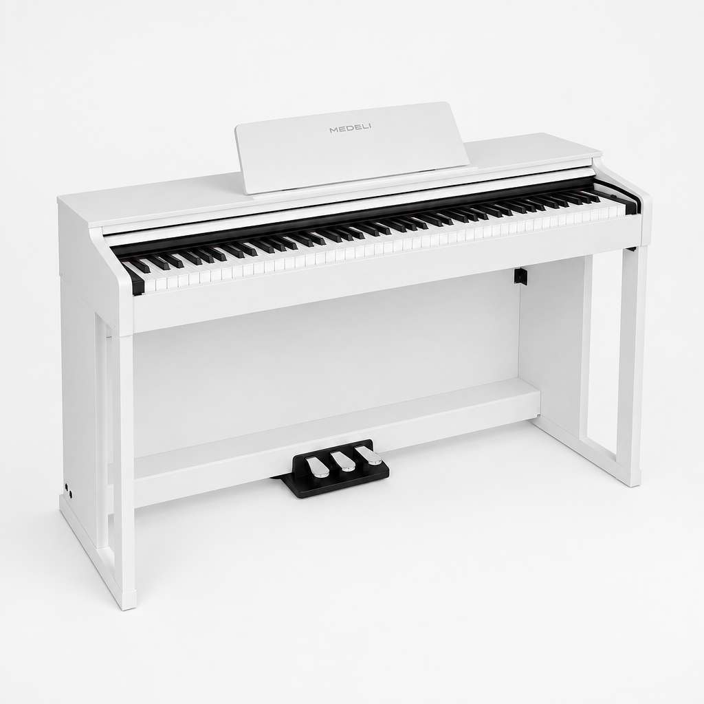Three-quarter front view of the Medeli DP280K/WH 88-key digital piano.