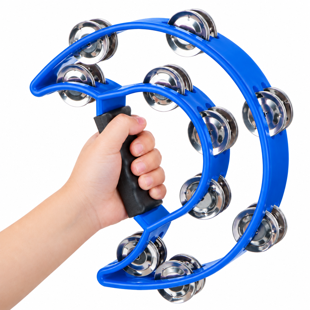 Teniniyu blue half-moon tambourine held by a child hand at the black grip