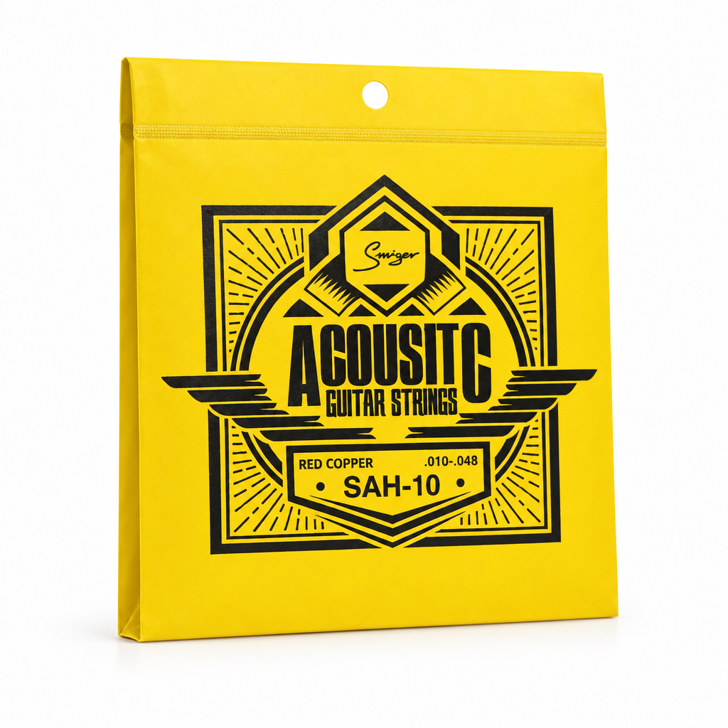 Smiger SAH-10 .010-.048 red copper acoustic guitar strings package, three-quarter angled view showing package thickness and original manufacturer design