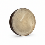 Large skin drum shown from a top-down angle with natural skin head and wooden body on a white background