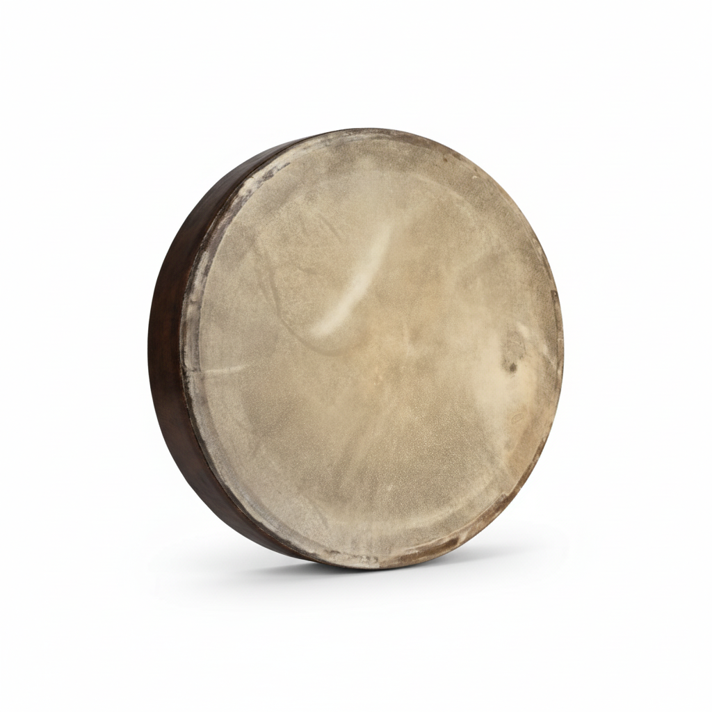 Large skin drum shown from a top-down angle with natural skin head and wooden body on a white background