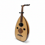 EGY PRO Egyptian oud shown from a side-angled view highlighting its curved wooden body, rosettes, strings, and tuning pegs on a white background