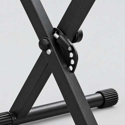 Close detail of the unbranded Q-2XB-1 black double-X keyboard stand central locking mechanism, adjustment handle, support arm, and rubber foot