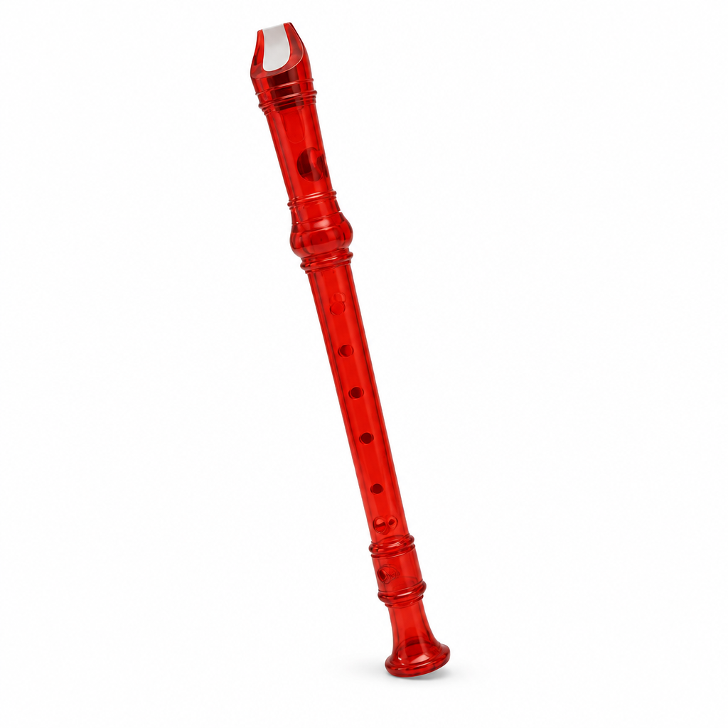 Dark red soprano recorder angled view