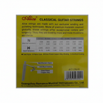 Alice AC106 acoustic guitar strings package specifications side showing normal and hard tension gauge tables, clear nylon, nylon core, silver-plated copper alloy winding, anti-rust coating, and AC106-H
