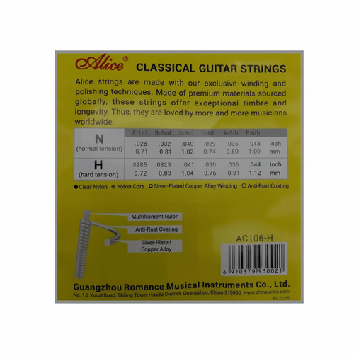 Alice AC106 acoustic guitar strings package specifications side showing normal and hard tension gauge tables, clear nylon, nylon core, silver-plated copper alloy winding, anti-rust coating, and AC106-H