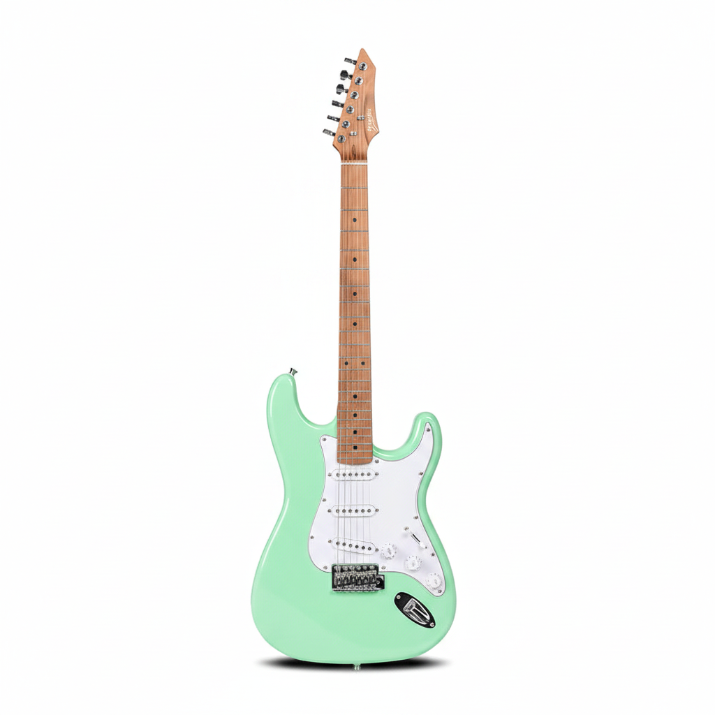 One Deviser L-G25-MBL green guitar shown from the front with its body, neck, headstock, bridge, strings, and hardware