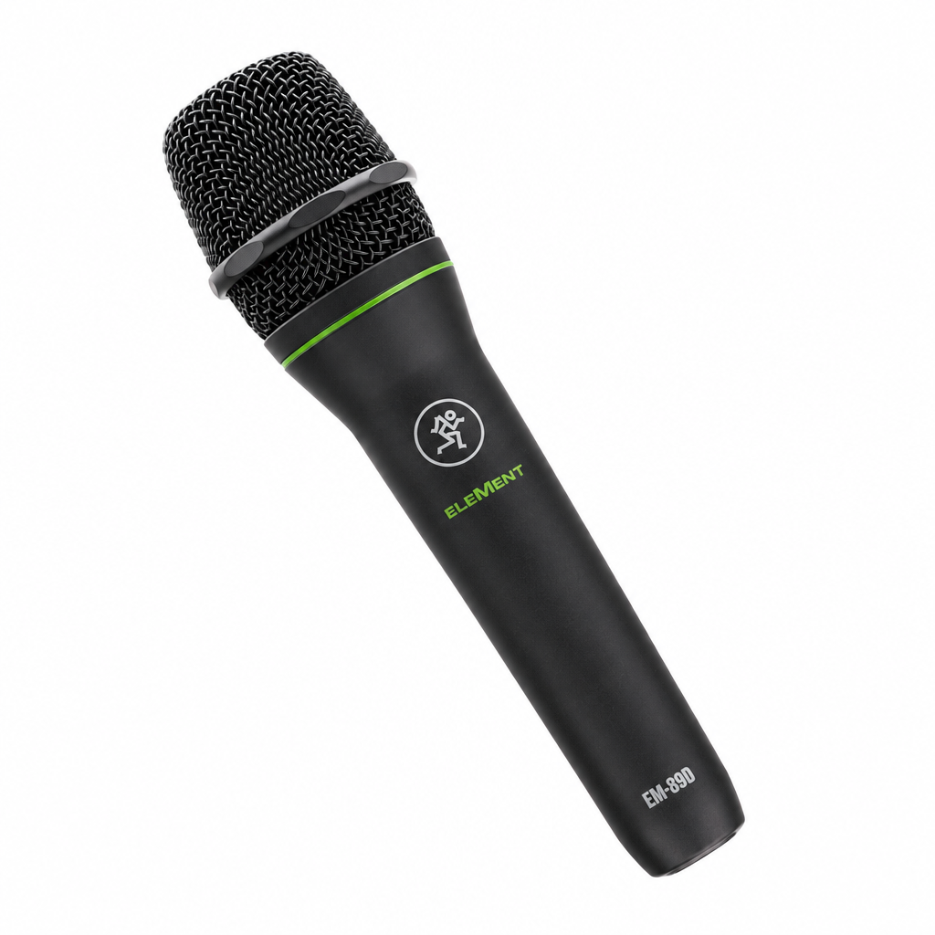 45-degree view of the black Mackie EM-89D dynamic microphone.