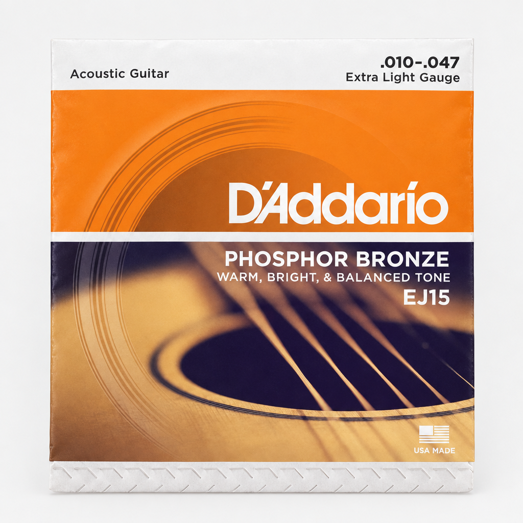 Full front view of the D'Addario EJ15 phosphor bronze acoustic guitar strings package, extra-light gauge .010–.047.