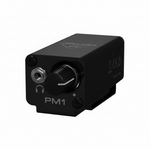 One Behringer Powerplay PM1 black personal in-ear monitor belt pack shown in close detail with its volume knob, connector, labels, belt clip, and branding
