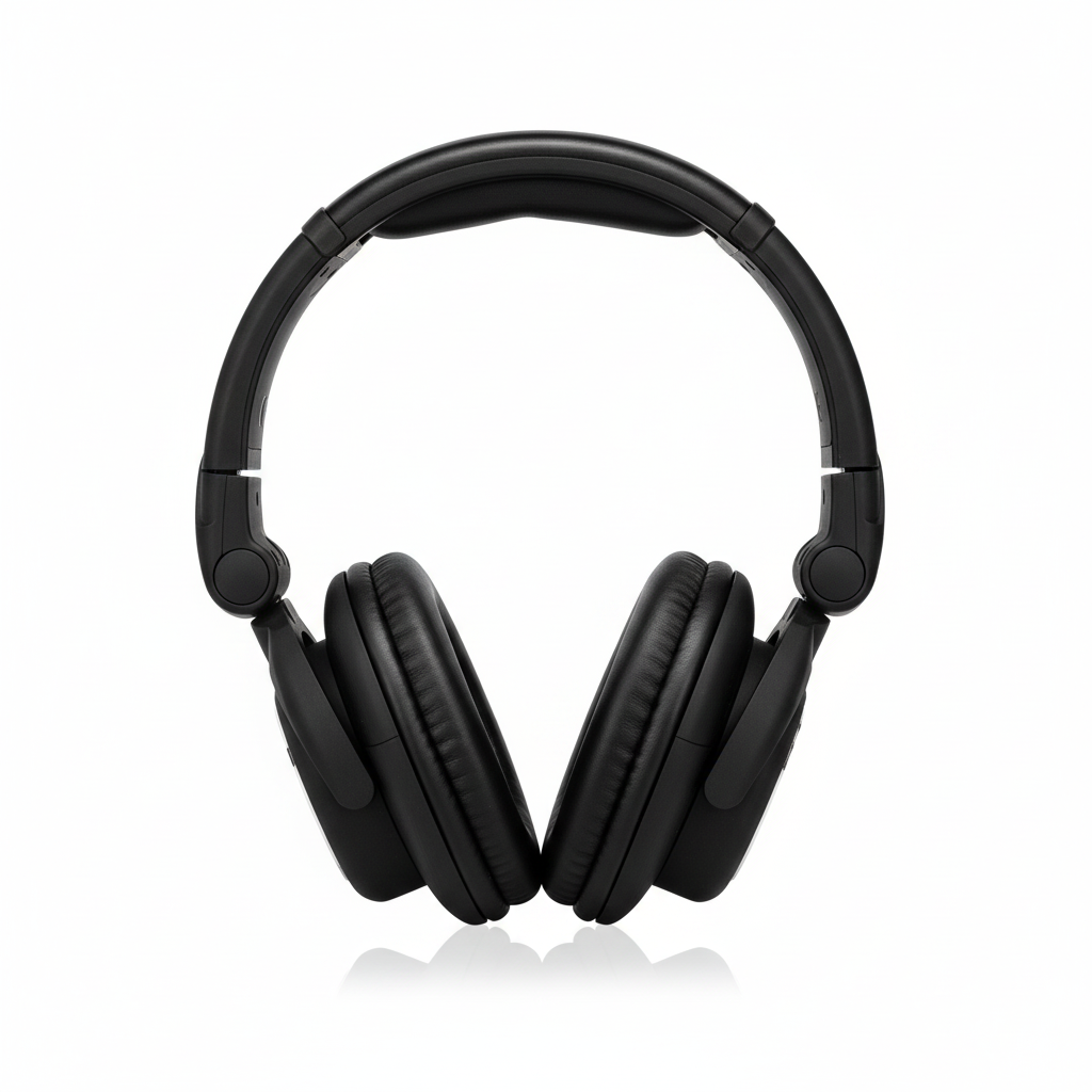 Behringer HPX6000 black professional DJ headphones shown from the front with padded headband and over-ear earcups
