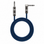 Straight rear view of the Luxars LCB-3B 3-meter blue patterned instrument cable showing its coiled cable jacket, straight plug, and right-angle plug
