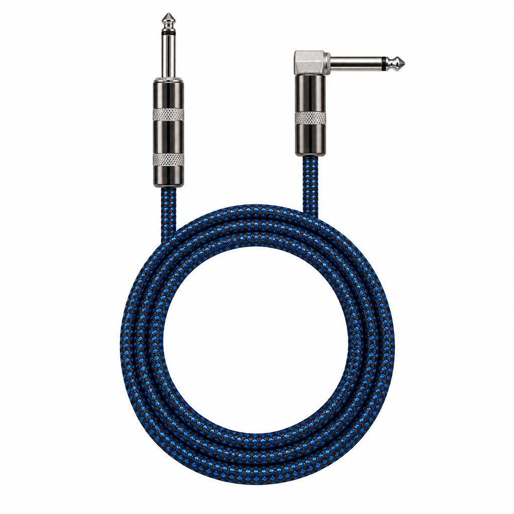 Straight rear view of the Luxars LCB-3B 3-meter blue patterned instrument cable showing its coiled cable jacket, straight plug, and right-angle plug