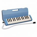 Yamaha P-32 blue melodica lying flat at a slight angle with 32 keys, matching blue carrying case, and white mouthpiece tube visible on a white background