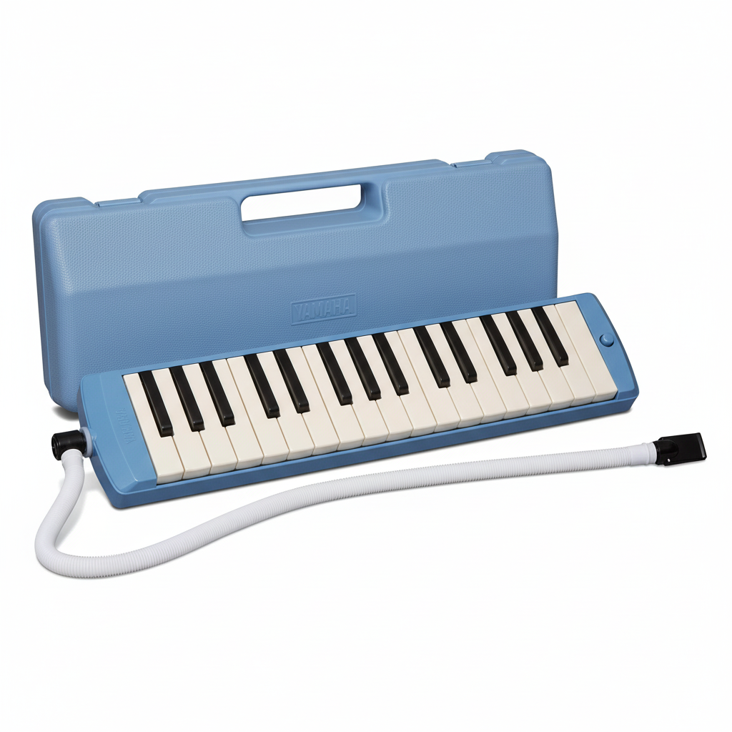 Yamaha P-32 blue melodica lying flat at a slight angle with 32 keys, matching blue carrying case, and white mouthpiece tube visible on a white background