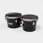 One Power Beat BG27BK bongo drum set with two connected black metal-shell drums shown in a close view of the drumheads, rims, hardware, and branding