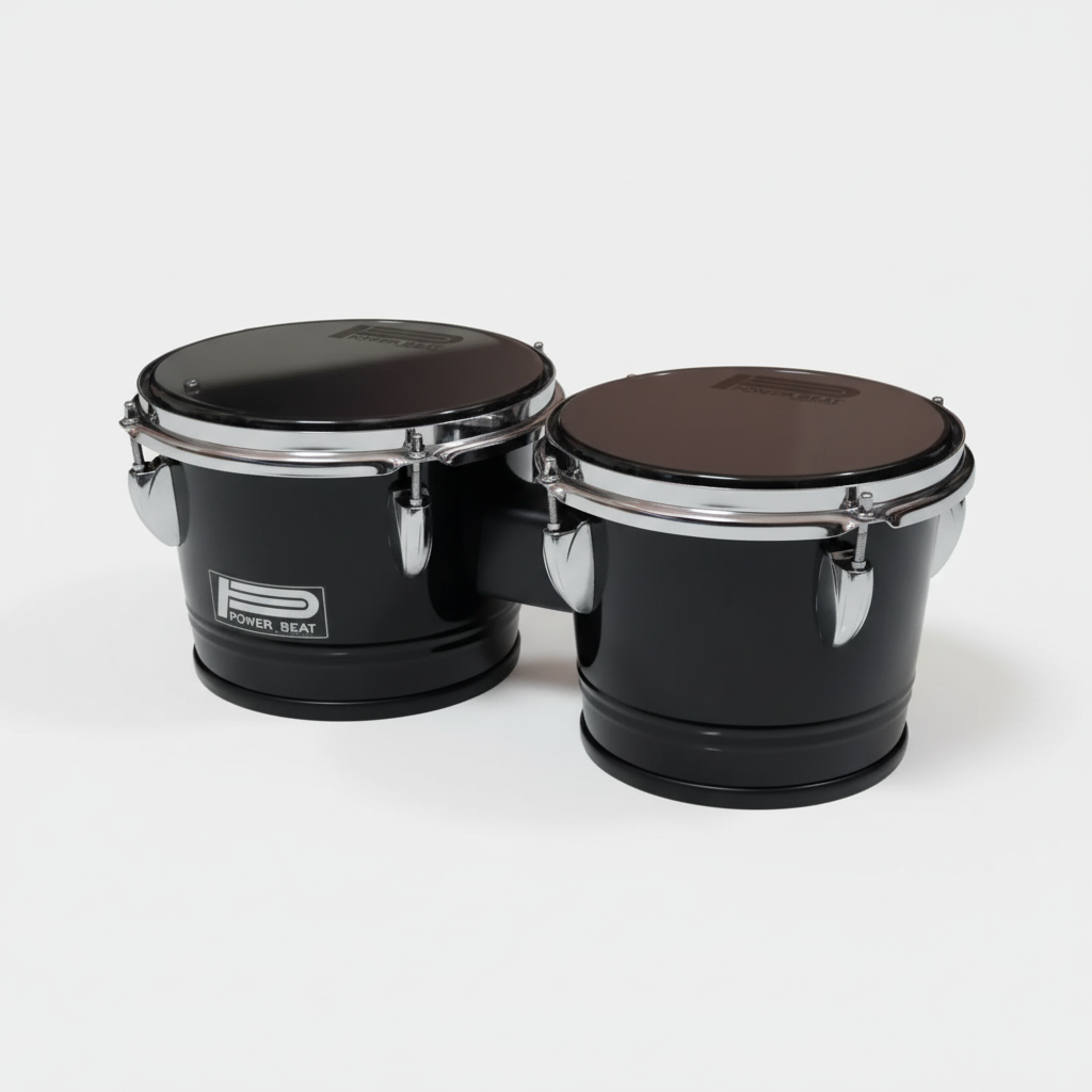 One Power Beat BG27BK bongo drum set with two connected black metal-shell drums shown in a close view of the drumheads, rims, hardware, and branding