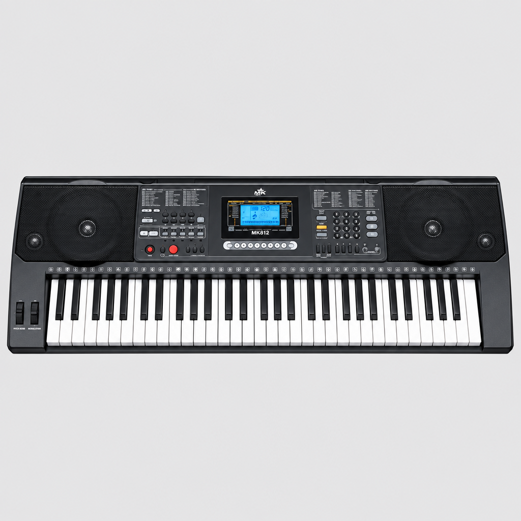 Unbranded MK812 electronic keyboard shown from the front with its original black and white keys, LCD screen, speakers, and control panel