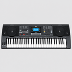 Unbranded MK812 electronic keyboard shown from the front with its original black and white keys, LCD screen, speakers, and control panel