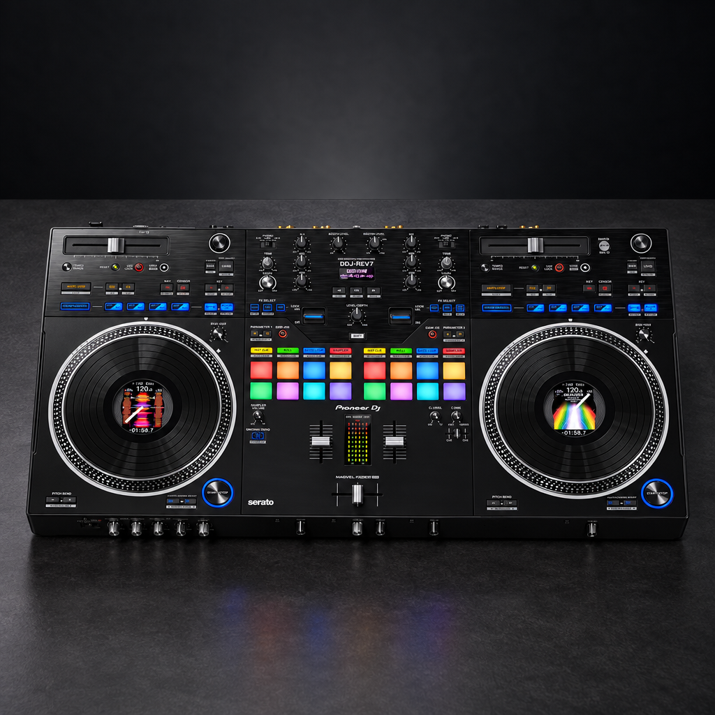 Pioneer DJ DDJ-REV7 two-deck Serato DJ controller displayed on a DJ workspace.