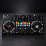 Pioneer DJ DDJ-REV7 two-deck Serato DJ controller displayed on a DJ workspace.