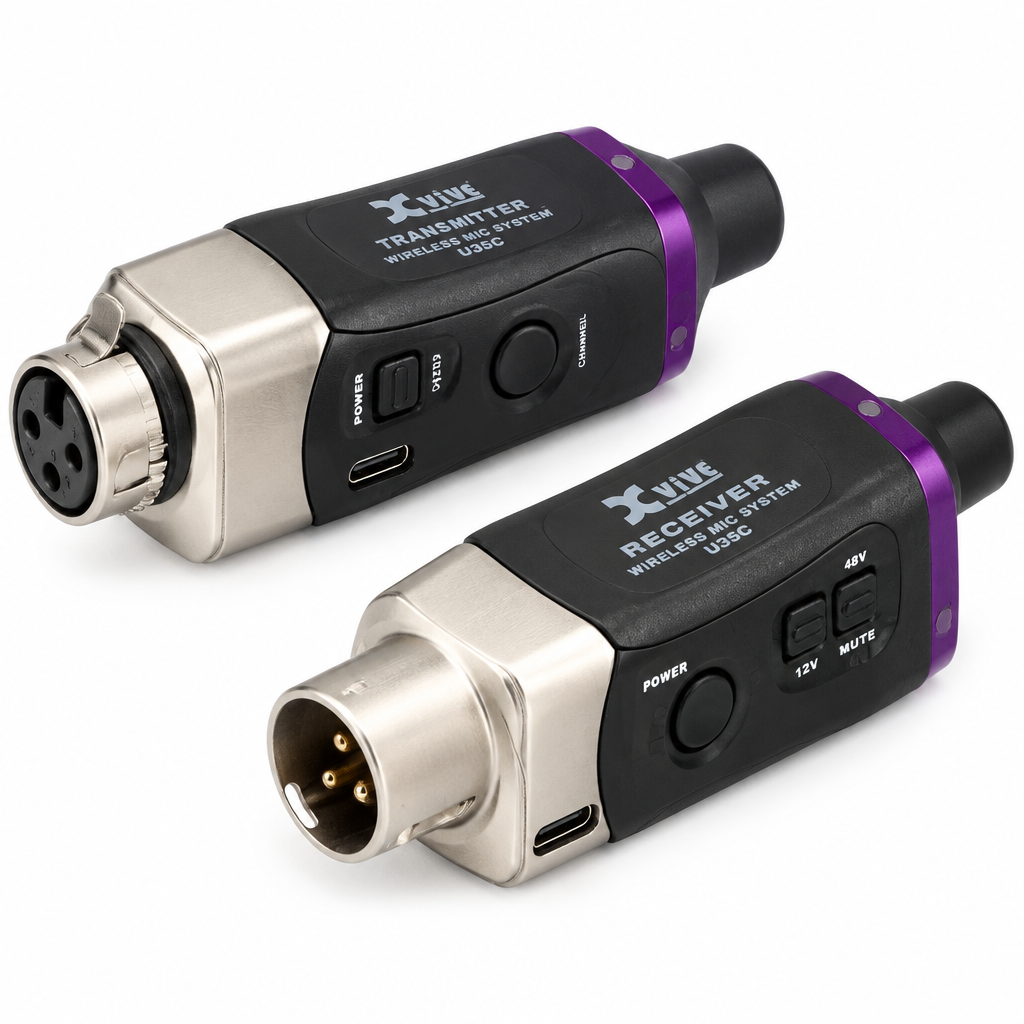 Xvive U35C condenser microphone wireless transmitter and receiver at a side angle showing the XLR connectors, USB-C ports, and controls