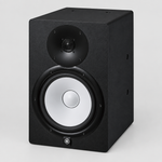 Three-quarter view of one black Yamaha HS8I studio monitor showing its front and side cabinet.