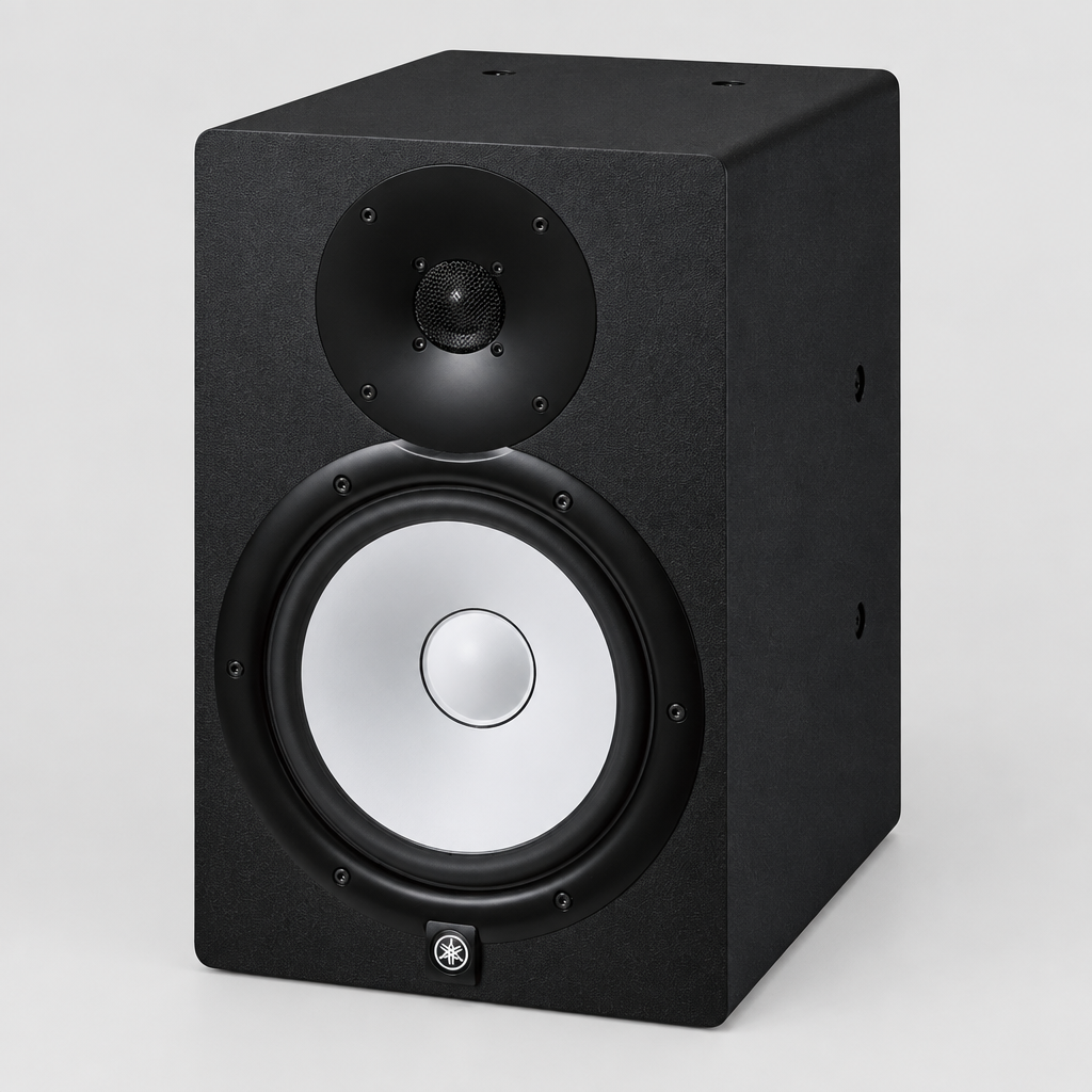 Three-quarter view of one black Yamaha HS8I studio monitor showing its front and side cabinet.