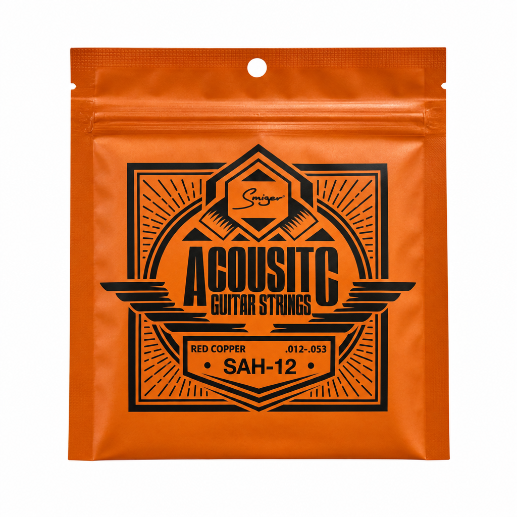 Smiger SAH-12 .012-.053 red copper acoustic guitar strings package, full front view with original manufacturer packaging and no external stickers or labels
