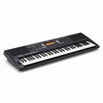 Yamaha PSR-A350 Oriental Keyboard placed horizontally at a low angle, showing its full length, 61 keys, speakers, display, control panel, and body depth on a white background