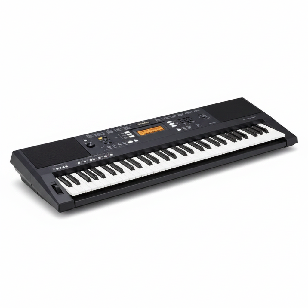 Yamaha PSR-A350 Oriental Keyboard placed horizontally at a low angle, showing its full length, 61 keys, speakers, display, control panel, and body depth on a white background