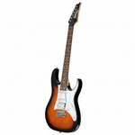 Ibanez GRG140-SB Sunburst electric guitar shown upright at a 45-degree angle, revealing its RG body shape, HSS pickups, neck, and tremolo bridge on a white background