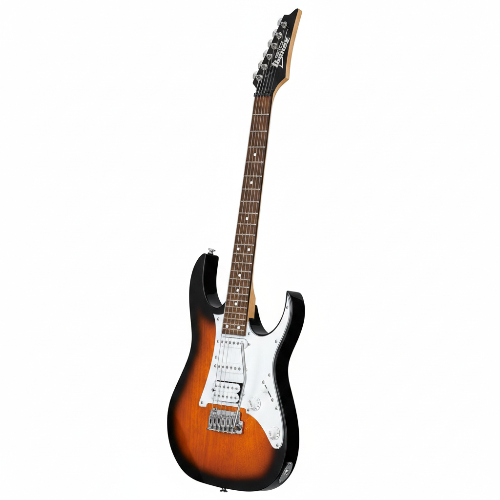 Ibanez GRG140-SB Sunburst electric guitar shown upright at a 45-degree angle, revealing its RG body shape, HSS pickups, neck, and tremolo bridge on a white background