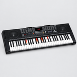 Unbranded MK2108 electronic learning keyboard shown from a three-quarter diagonal angle with its 61 keys, LED display, and illuminated learning keys